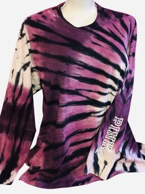VICTORIA’S SECRET- Long Sleeve Tie-Dye Tee in Purple with PINK Sleeve Logo